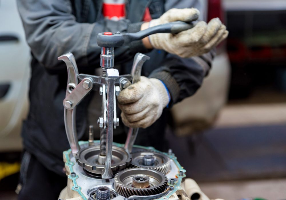 Repair service of vehicle automatic transmission in mechanic workshop